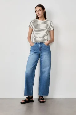 Outlet ETAM Camiseta de algodón a rayas de manga corta BLANCO
