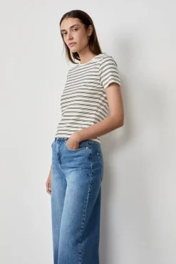 Outlet ETAM Camiseta de algodón a rayas de manga corta BLANCO