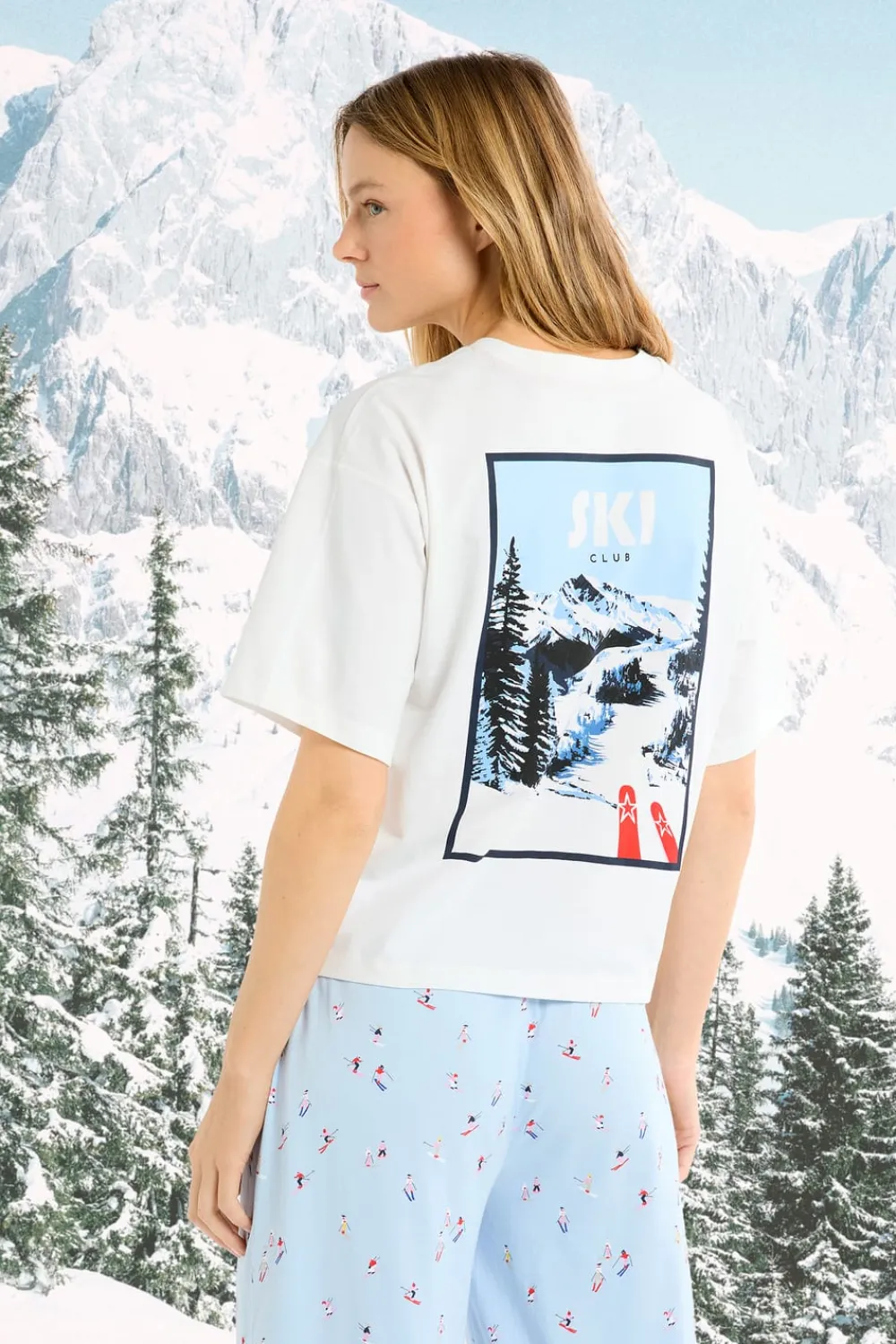 New ETAM Camiseta de algodón con estampado de paisaje de esquí crudo