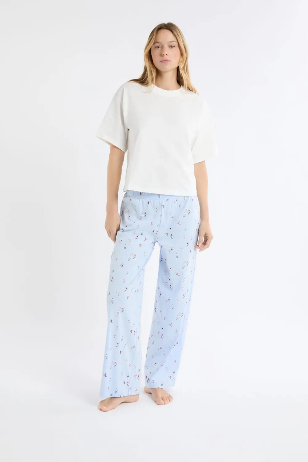 New ETAM Camiseta de algodón con estampado de paisaje de esquí crudo