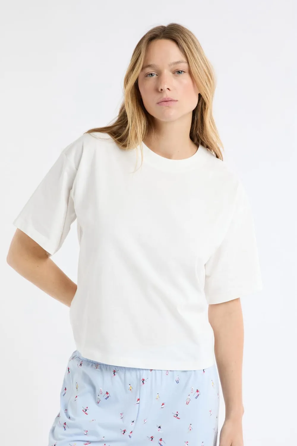 New ETAM Camiseta de algodón con estampado de paisaje de esquí crudo