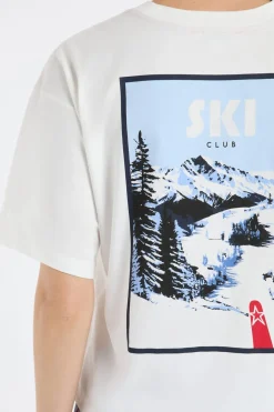 New ETAM Camiseta de algodón con estampado de paisaje de esquí crudo