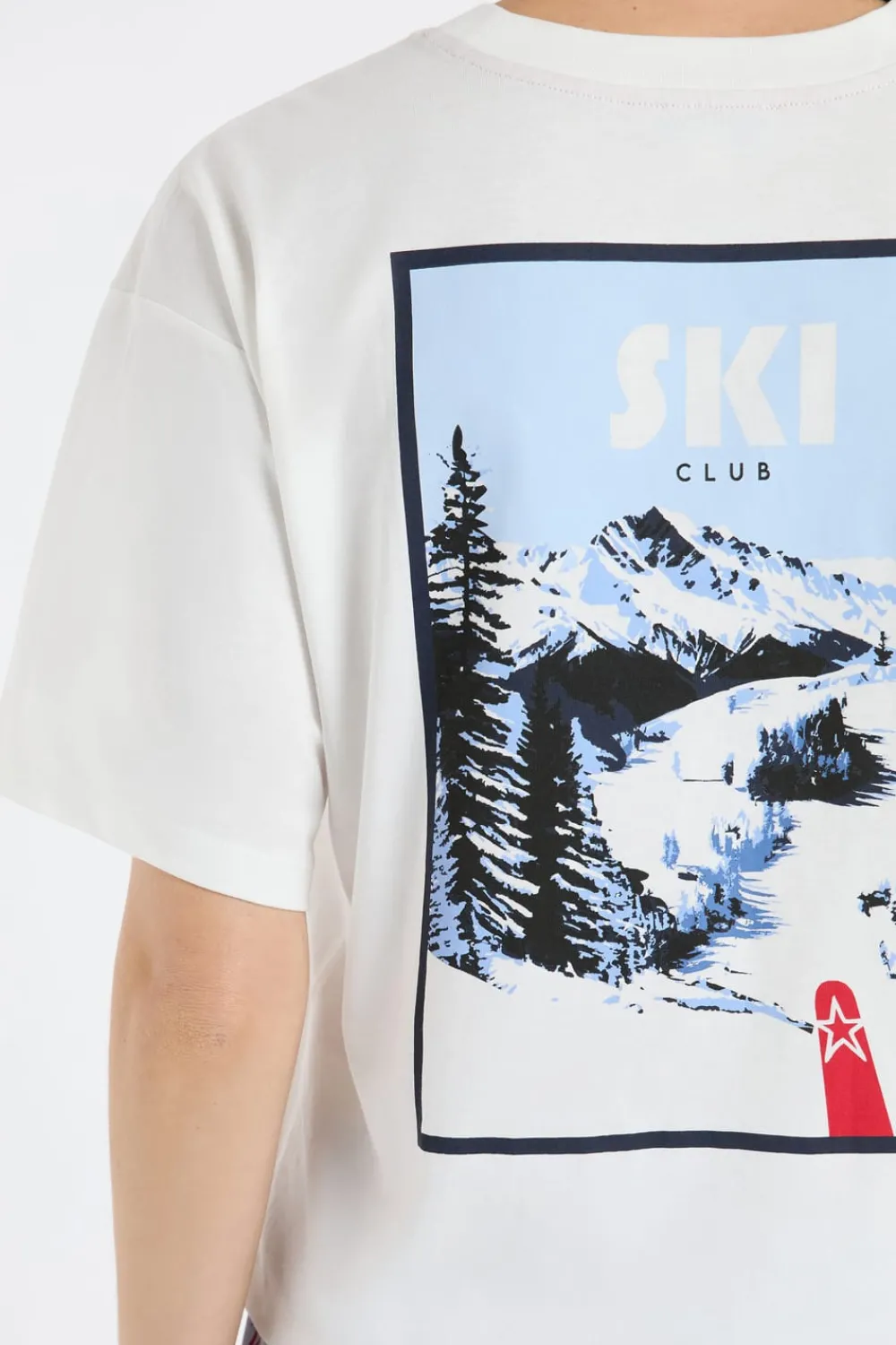 New ETAM Camiseta de algodón con estampado de paisaje de esquí crudo