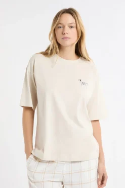 New ETAM Camiseta de algodón con estampado de perro «Life is better with a dog» BEIGE