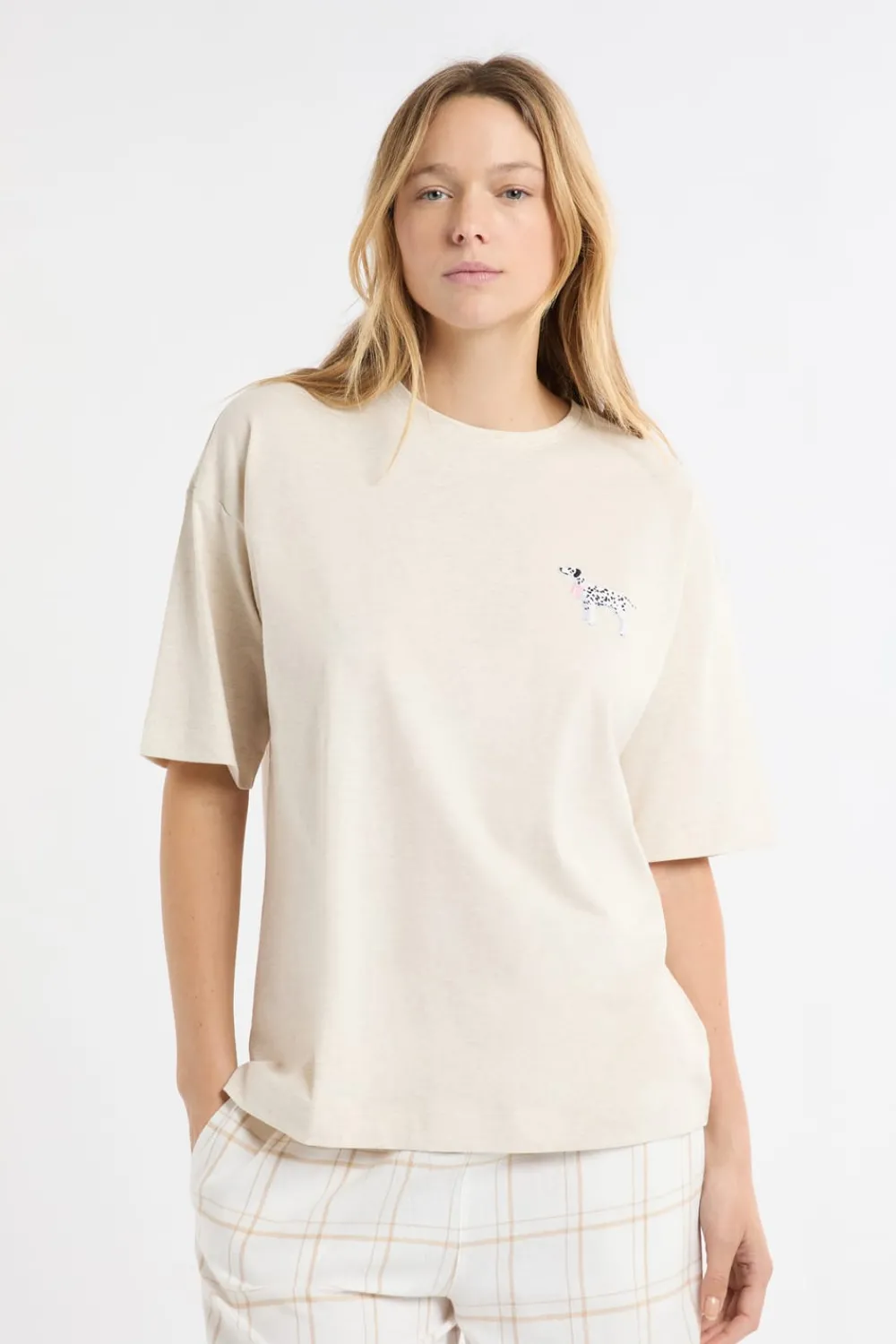 New ETAM Camiseta de algodón con estampado de perro «Life is better with a dog» BEIGE