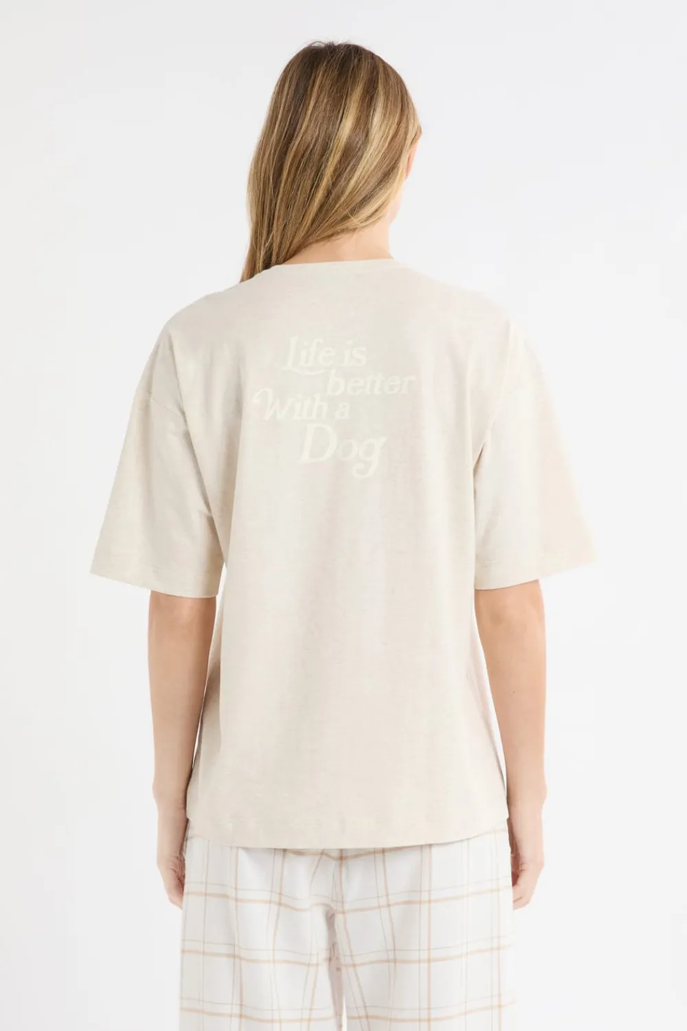 New ETAM Camiseta de algodón con estampado de perro «Life is better with a dog» BEIGE
