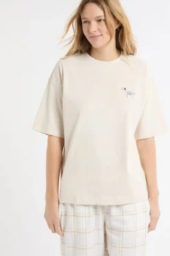 New ETAM Camiseta de algodón con estampado de perro «Life is better with a dog» BEIGE