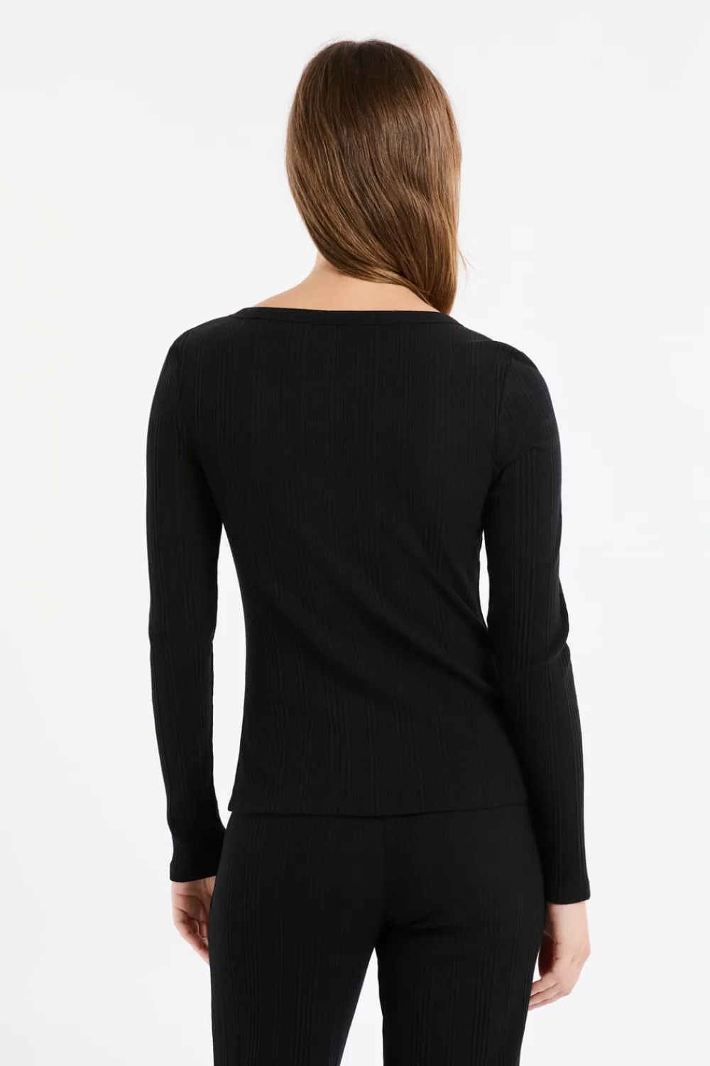 New ETAM Camiseta de algodón de canalé de manga larga NEGRO