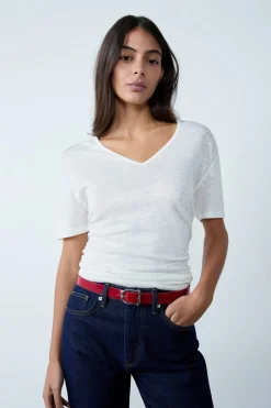 Clearance ETAM Camiseta de lino con cuello en V BLANCO