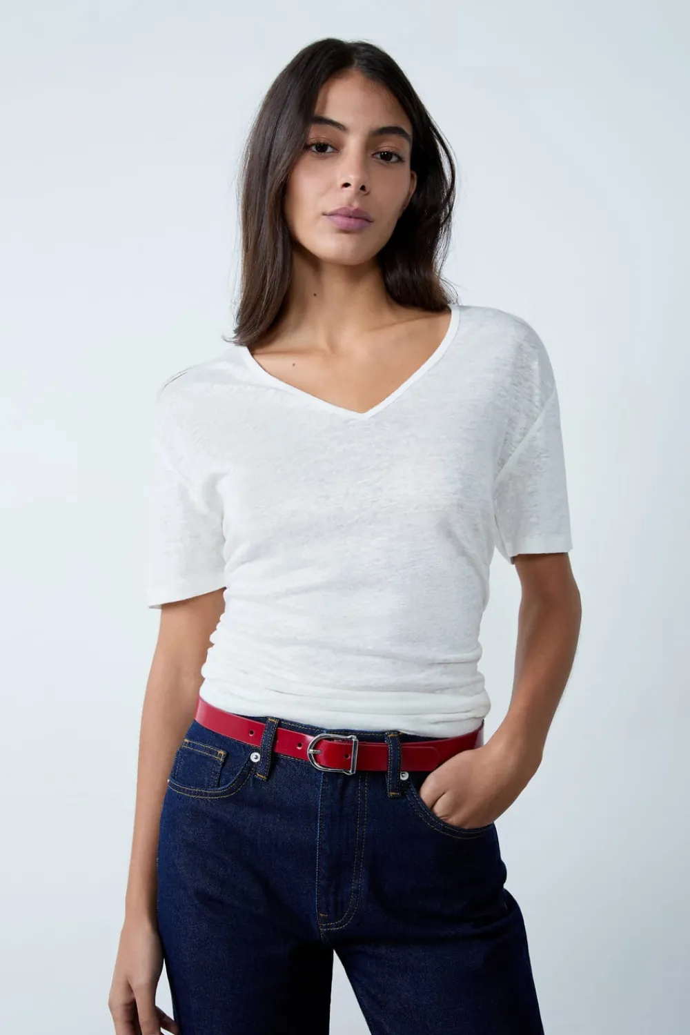 Clearance ETAM Camiseta de lino con cuello en V BLANCO