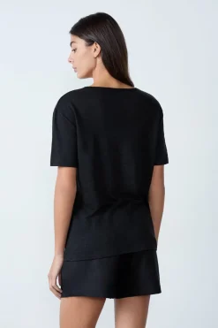 Online ETAM Camiseta de lino con cuello en V NEGRO