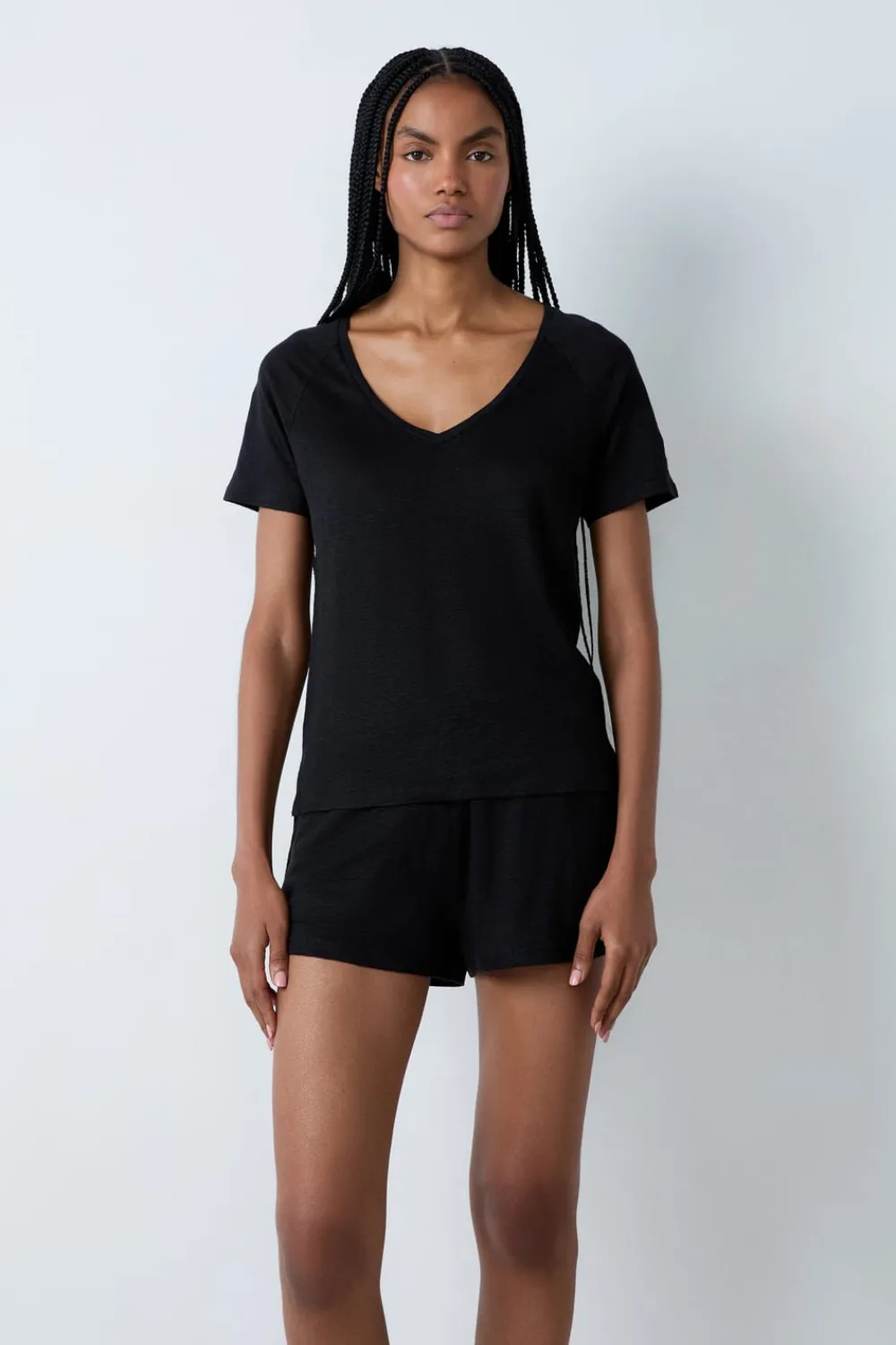 Best ETAM Camiseta de manga corta 100% lino NEGRO