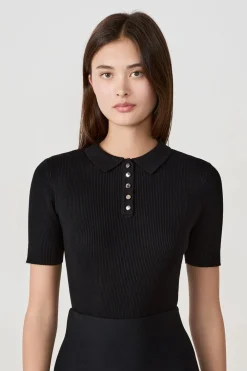 Best ETAM camiseta de manga corta de canalé con cuello abotonado NEGRO