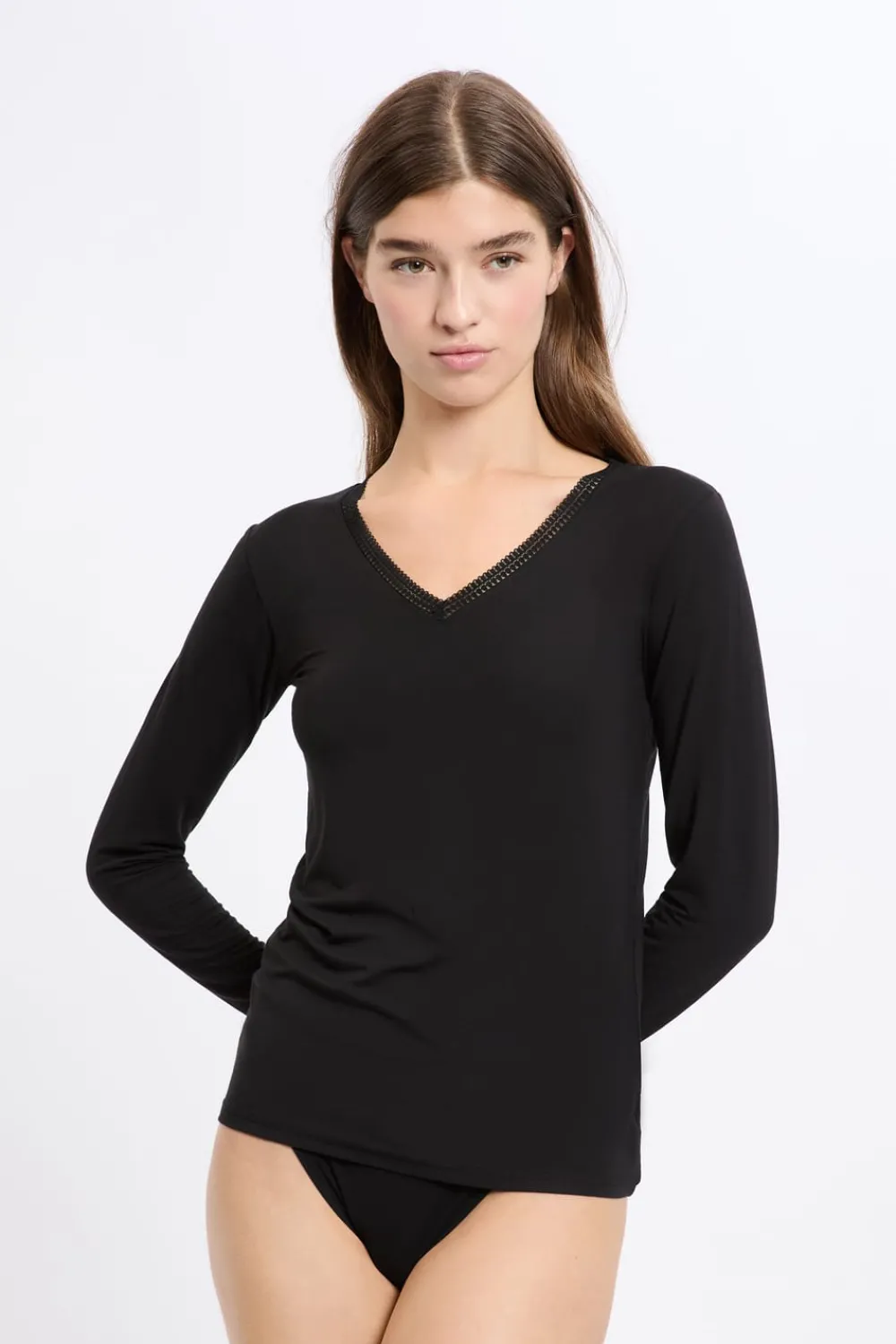 Online ETAM Camiseta de manga larga con cuello en V de tejido térmico NEGRO