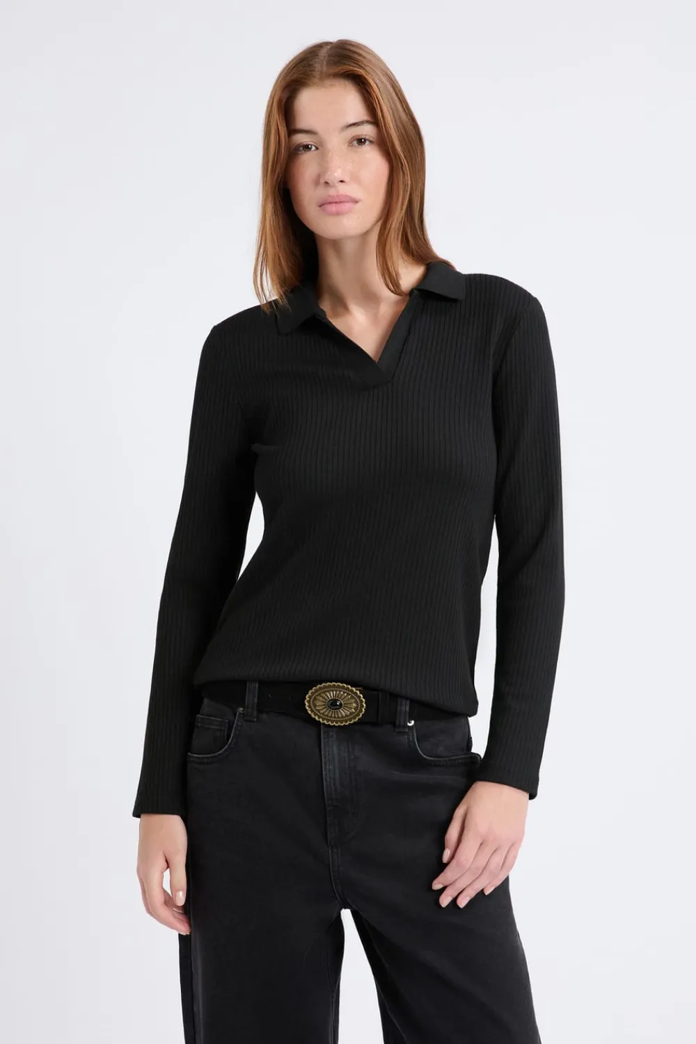 Sale ETAM Camiseta de manga larga con cuello en V NEGRO