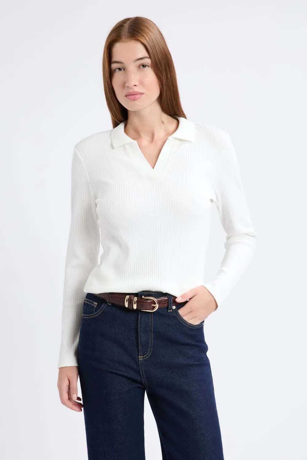 ETAM Camiseta de manga larga con cuello en V BLANCO