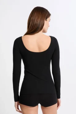 Outlet ETAM Camiseta de manga larga con cuello bailarina y sujetador integrado NEGRO