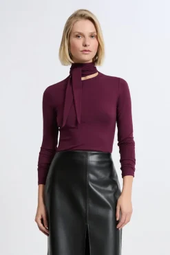 Best ETAM Camiseta de manga larga con cuello con lazada de algodón MORADO