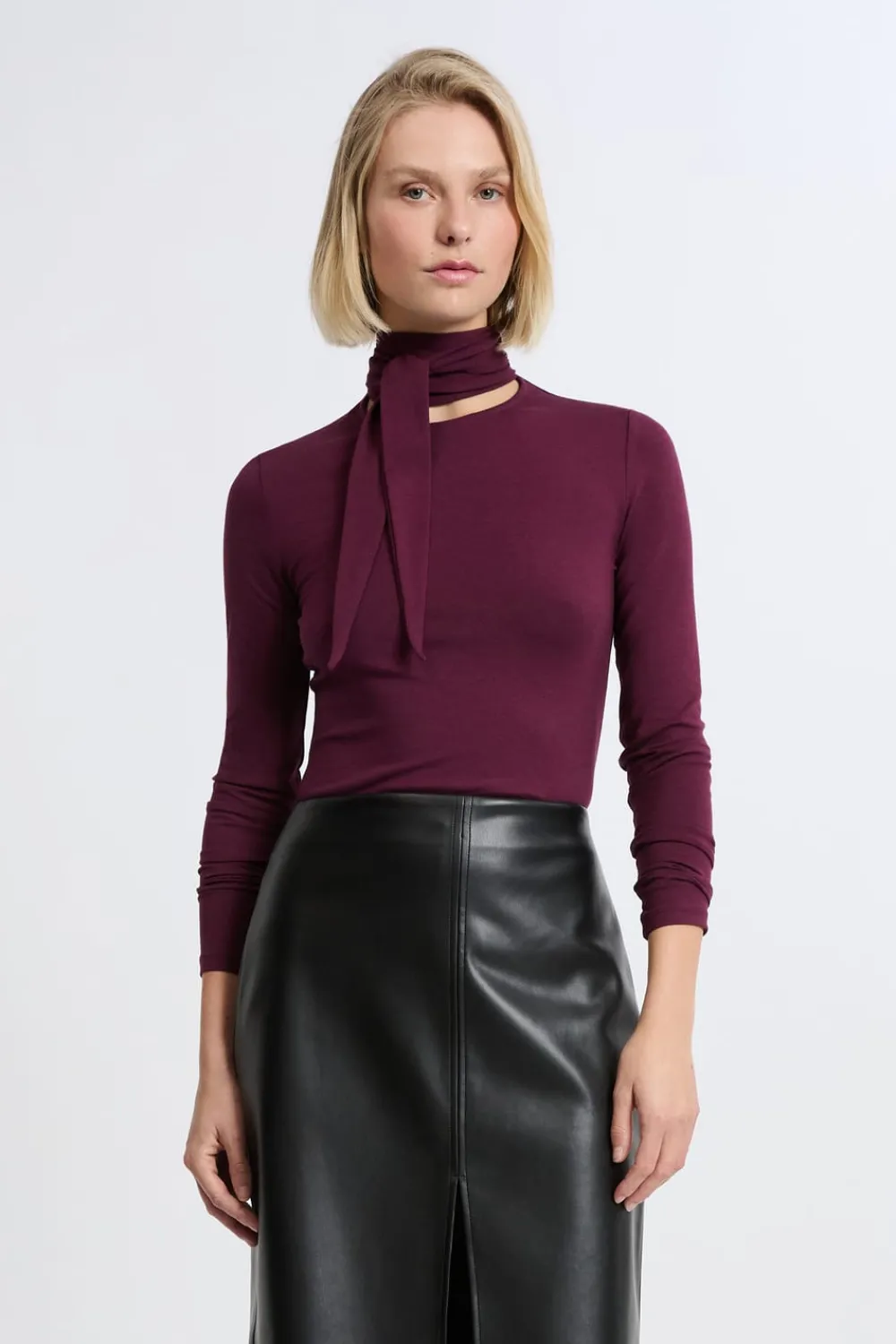 Best ETAM Camiseta de manga larga con cuello con lazada de algodón MORADO