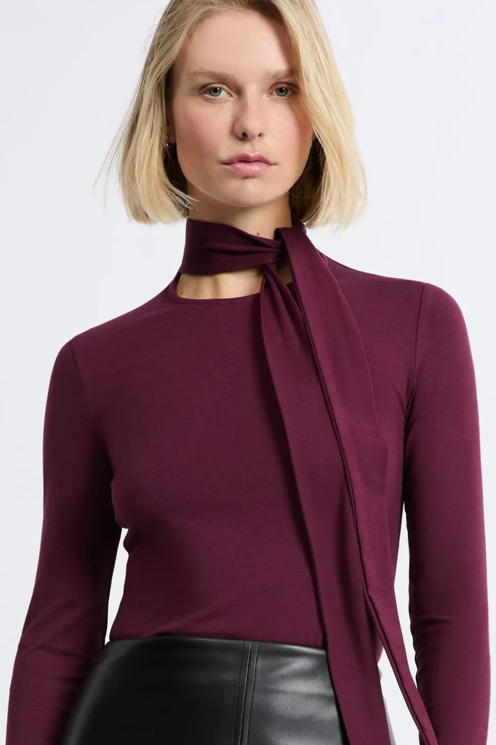 Best ETAM Camiseta de manga larga con cuello con lazada de algodón MORADO