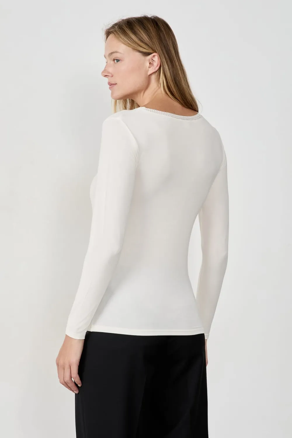 Best ETAM Camiseta de manga larga con cuello en V de tejido térmico BLANCO ROTO