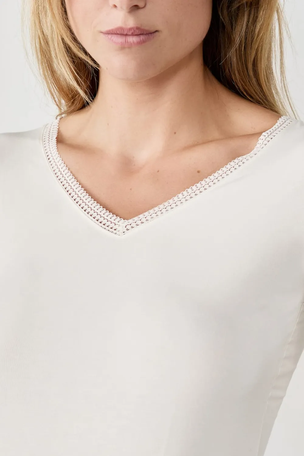 Best ETAM Camiseta de manga larga con cuello en V de tejido térmico BLANCO ROTO