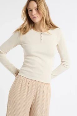 Discount ETAM Camiseta de manga larga de algodón con botones BEIGE