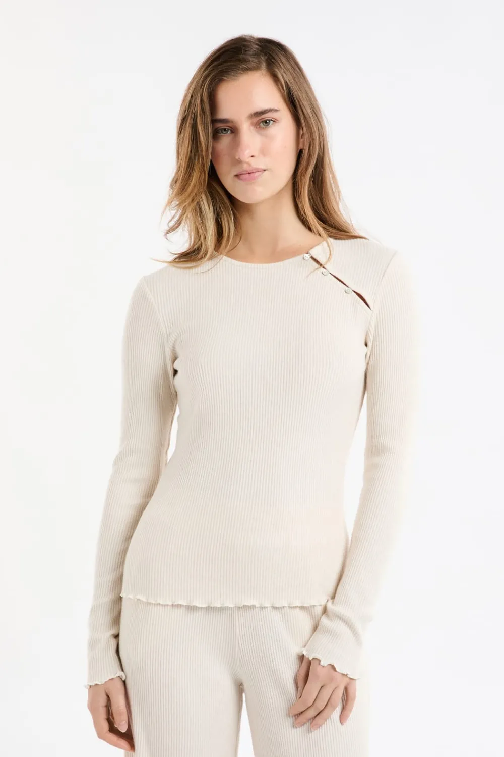 ETAM Camiseta de pijama acanalada con botones BEIGE