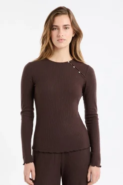 Discount ETAM Camiseta de pijama acanalada con botones CHOCOLATE