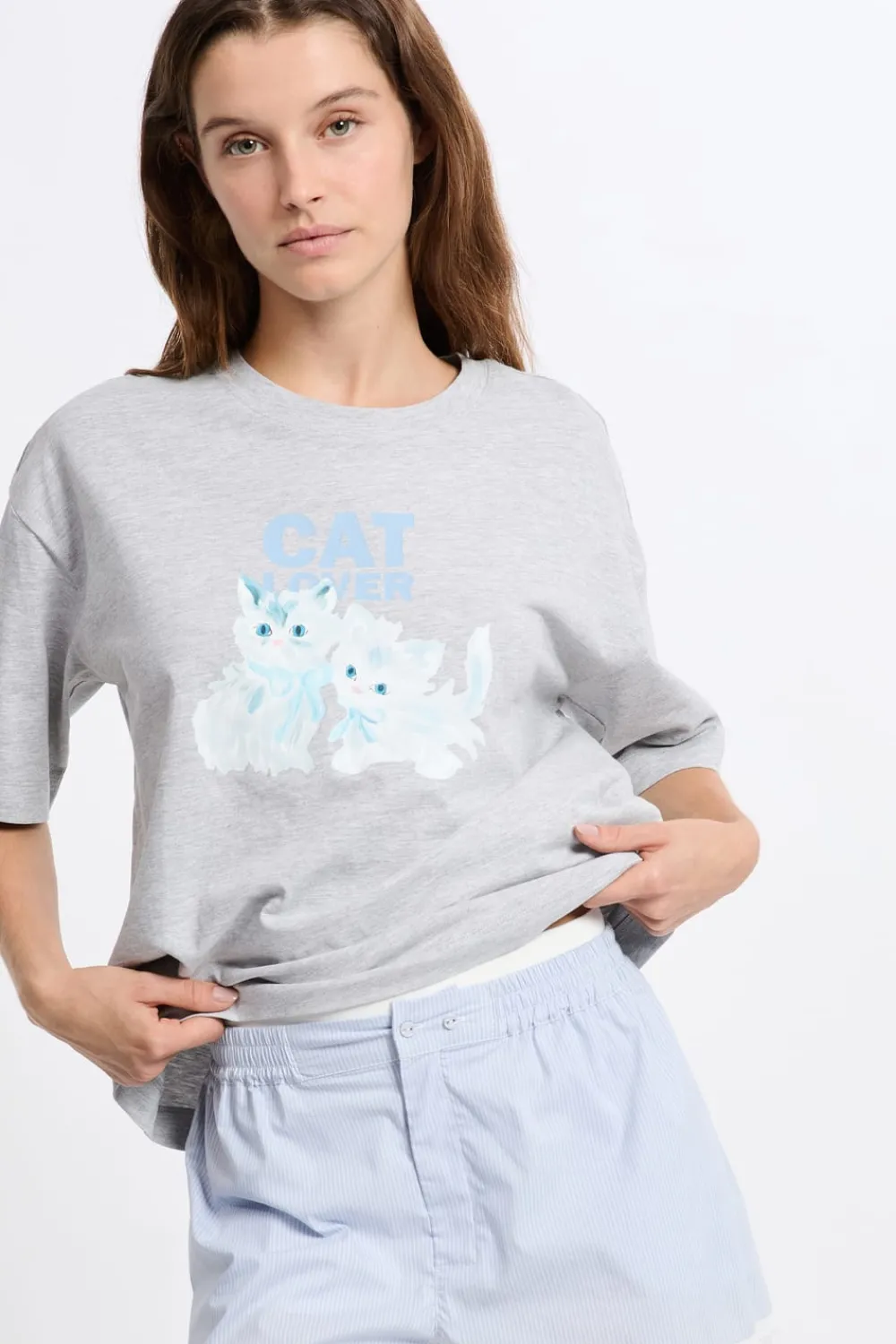 Best ETAM Camiseta de pijama de algodón con estampado de gatos GRIS