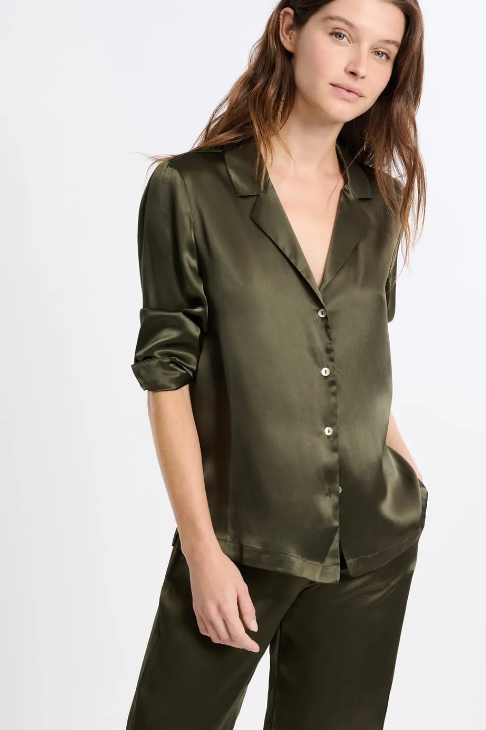Online ETAM Camiseta de pijama de manga larga de seda CAQUI