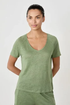 Hot ETAM Camiseta de pijama manga corta 100% lino VERDE
