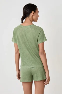 Hot ETAM Camiseta de pijama manga corta 100% lino VERDE