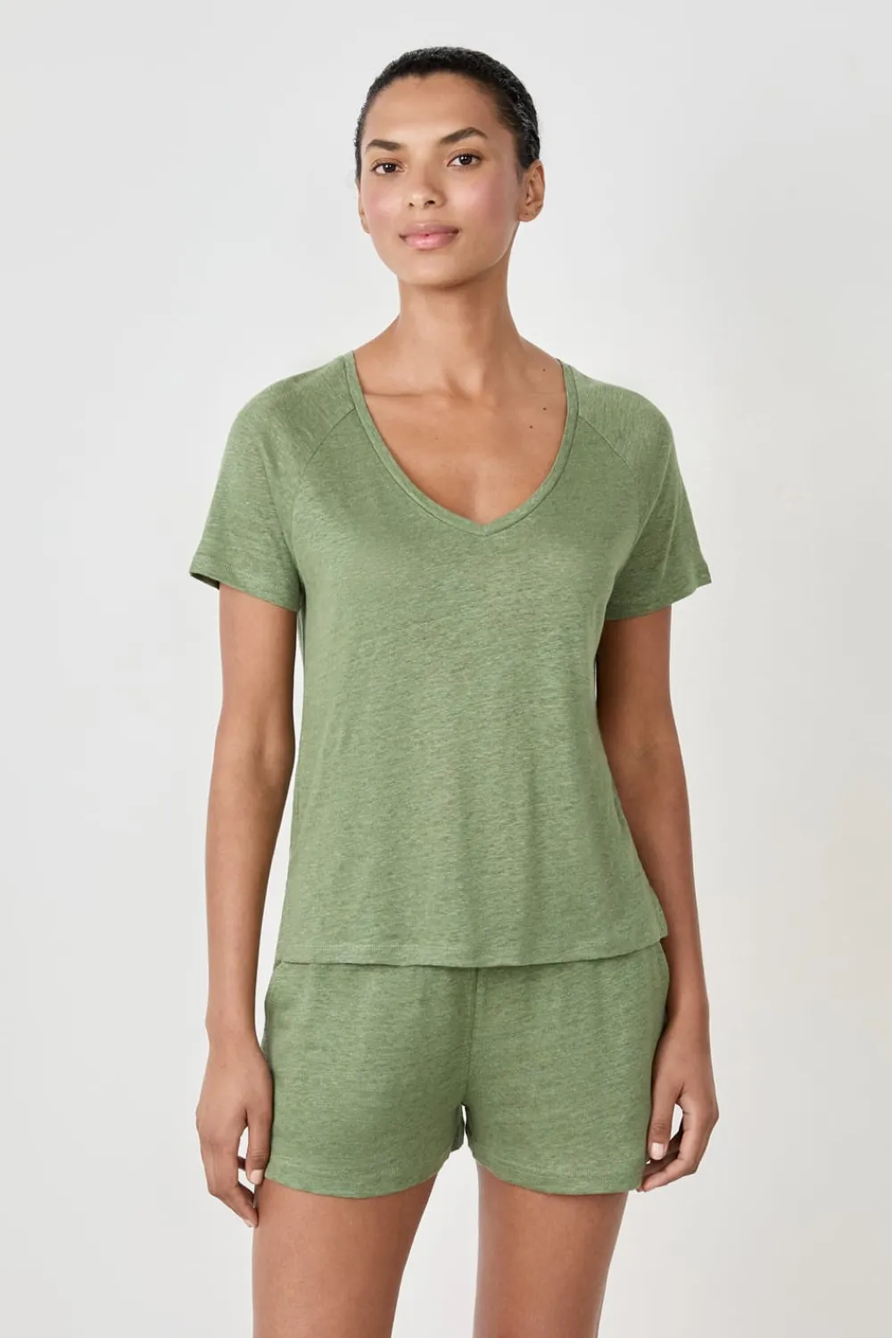 Hot ETAM Camiseta de pijama manga corta 100% lino VERDE