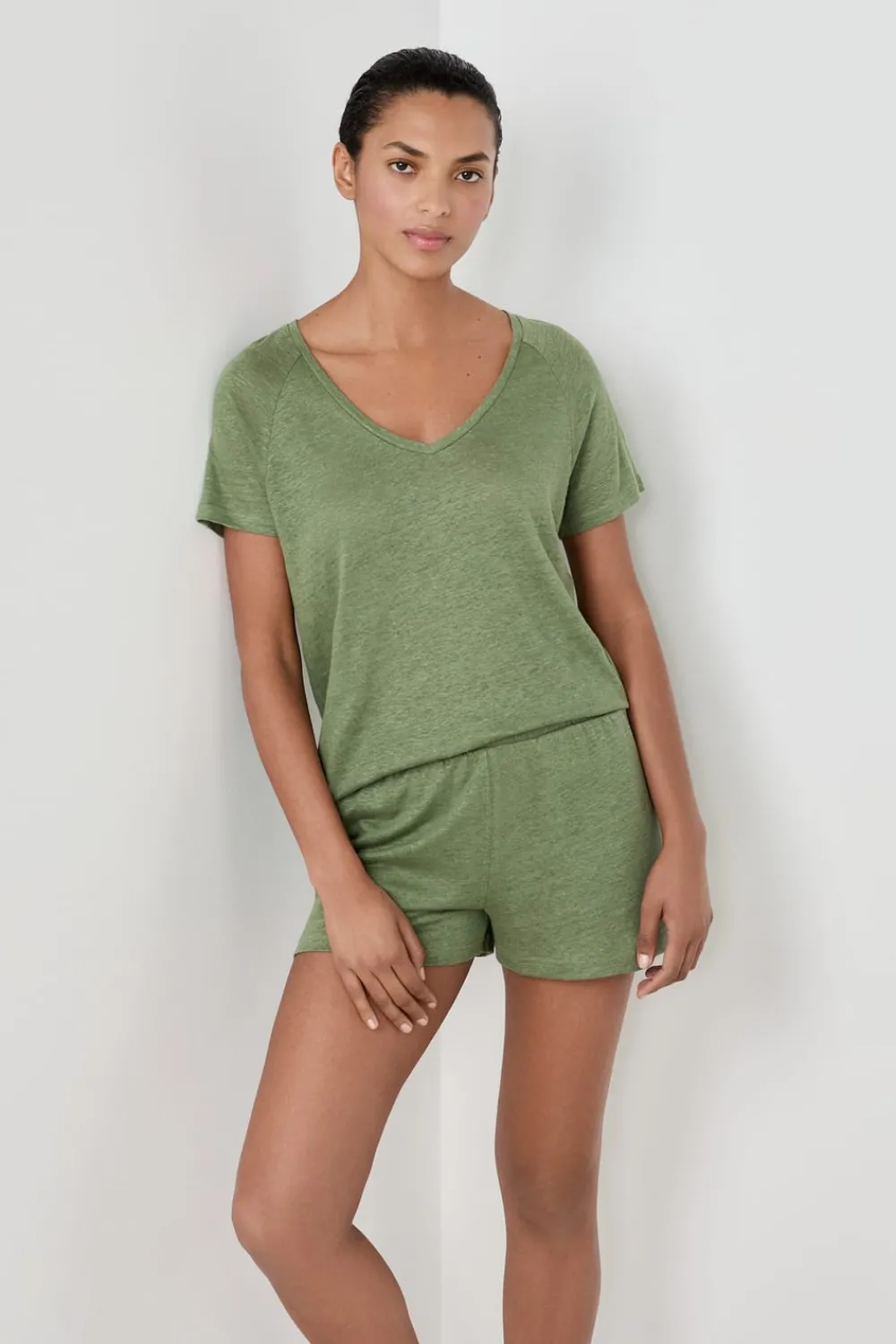 Hot ETAM Camiseta de pijama manga corta 100% lino VERDE