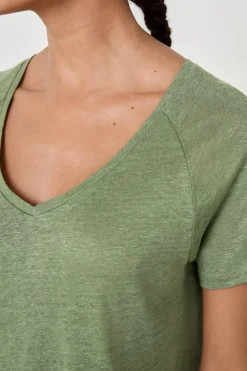 Hot ETAM Camiseta de pijama manga corta 100% lino VERDE
