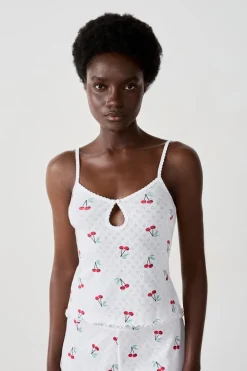 New ETAM Camiseta de tirantes de algodón con estampado de cerezas BLANCO