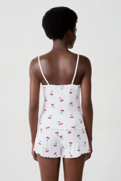 New ETAM Camiseta de tirantes de algodón con estampado de cerezas BLANCO