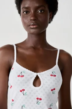New ETAM Camiseta de tirantes de algodón con estampado de cerezas BLANCO