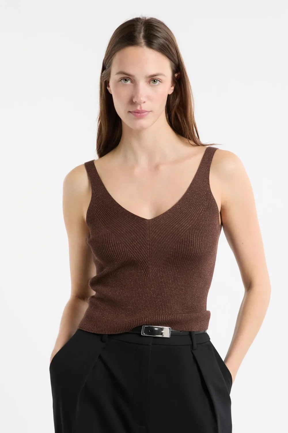ETAM Camiseta sin mangas acanalada brillante MARRÓN