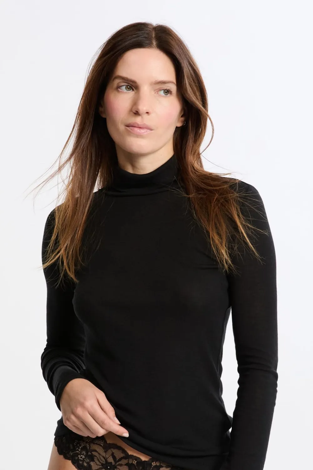 Clearance ETAM Camiseta térmica de cuello alto con lana NEGRO