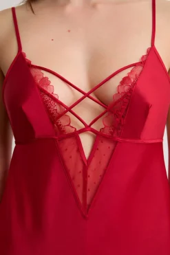 Discount ETAM Camisón de satén con detalles de encaje ROJO