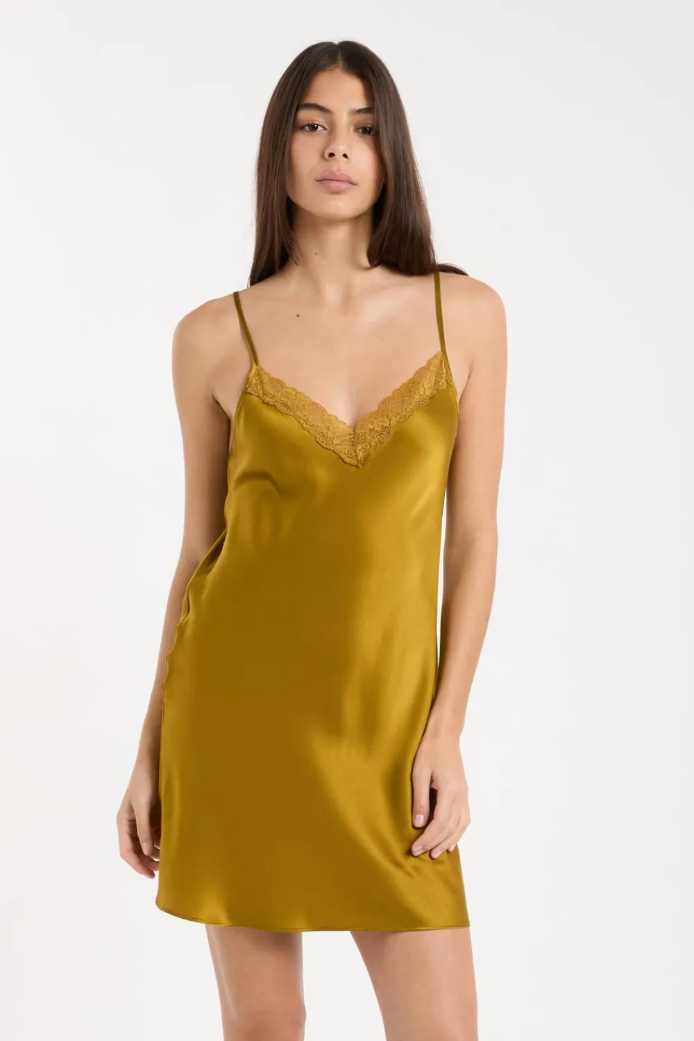 ETAM Camisón de seda con detalles de encaje AMARILLO ÁCIDO