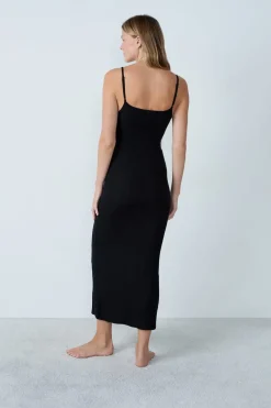 Online ETAM Camisón largo de algodón acanalado con tirantes finos NEGRO