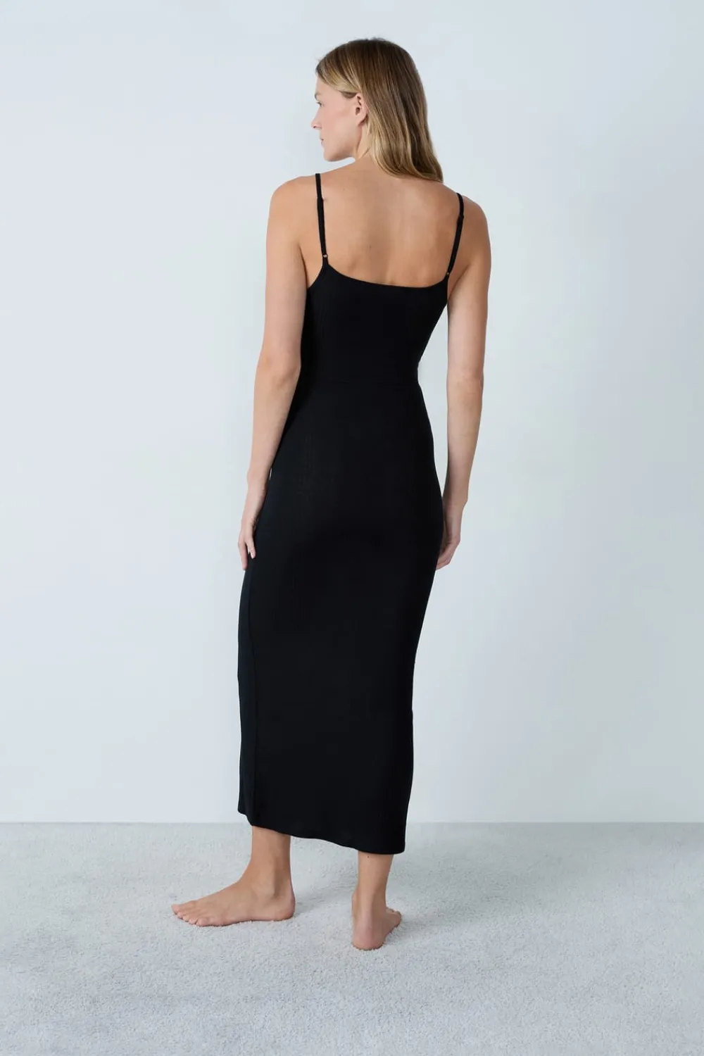 Online ETAM Camisón largo de algodón acanalado con tirantes finos NEGRO