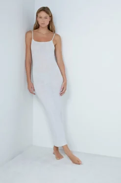 Sale ETAM Camisón largo de algodón acanalado con tirantes finos GRIS