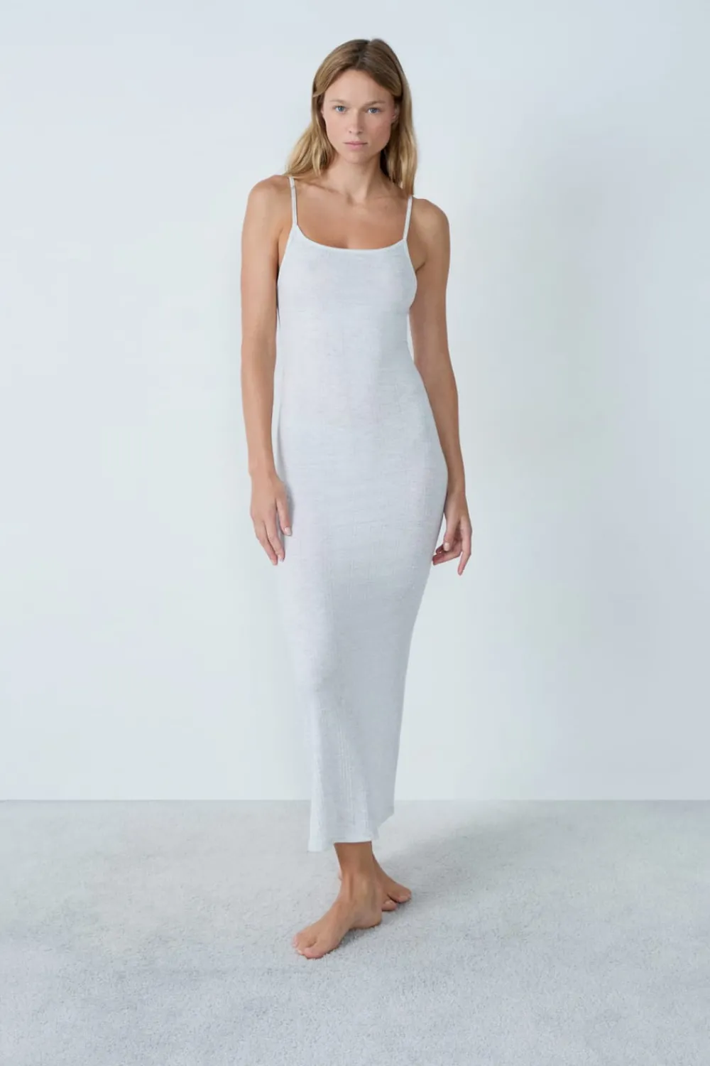 Sale ETAM Camisón largo de algodón acanalado con tirantes finos GRIS