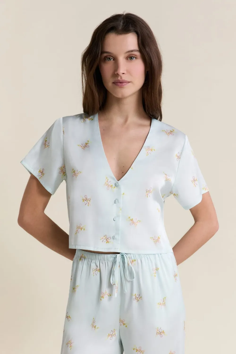 Best ETAM Chemise de pyjama courte satinée IMP BLEU VERT