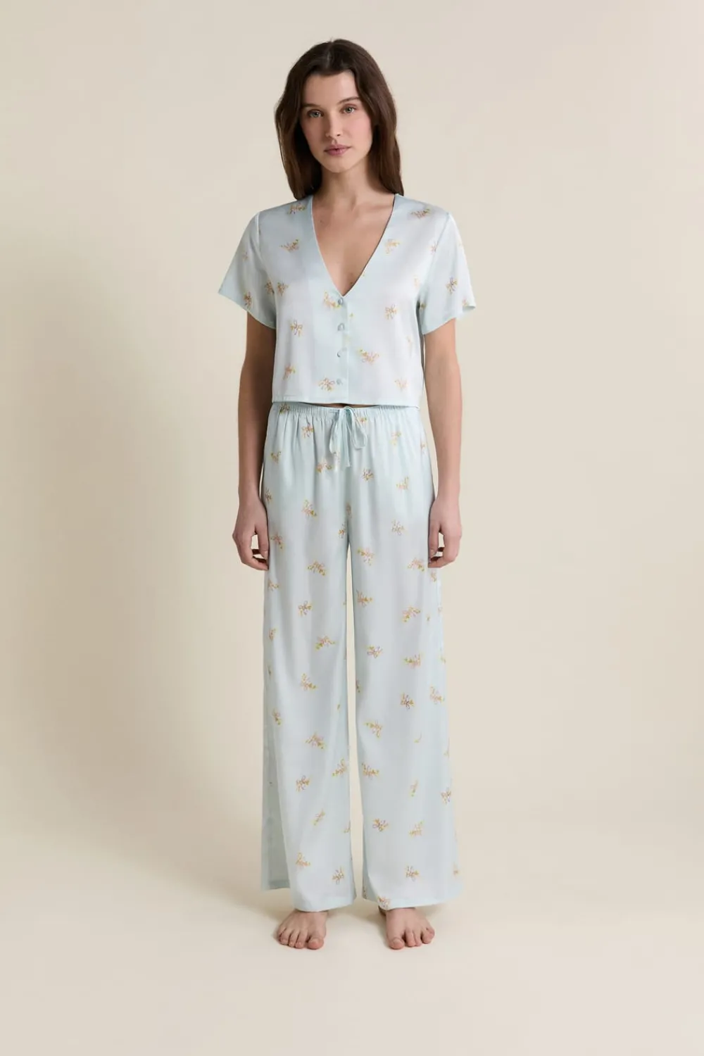 Best ETAM Chemise de pyjama courte satinée IMP BLEU VERT