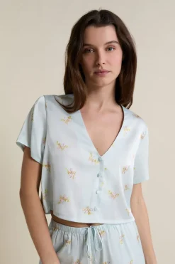 Best ETAM Chemise de pyjama courte satinée IMP BLEU VERT